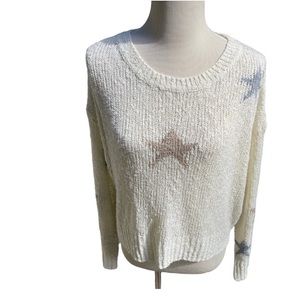 Anthropologie Ivory Open Knit Cropped Sweater with Star Design Sz Med